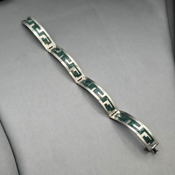 VTH Taxco Castaneda Sterling Silver Turquoise Bracelet 7" Aztec Geometric Inlay - Picture 6 of 10